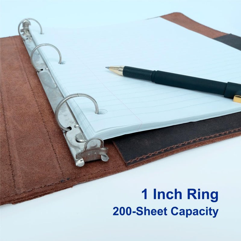 Fan&Ran Leather 3 Ring Binder, 1" Round Rings for 8.5"x11" Paper and Sheet Protectors, Interior Pockets & Snap Closure, Letter Size, Vintage Brown - Image 4