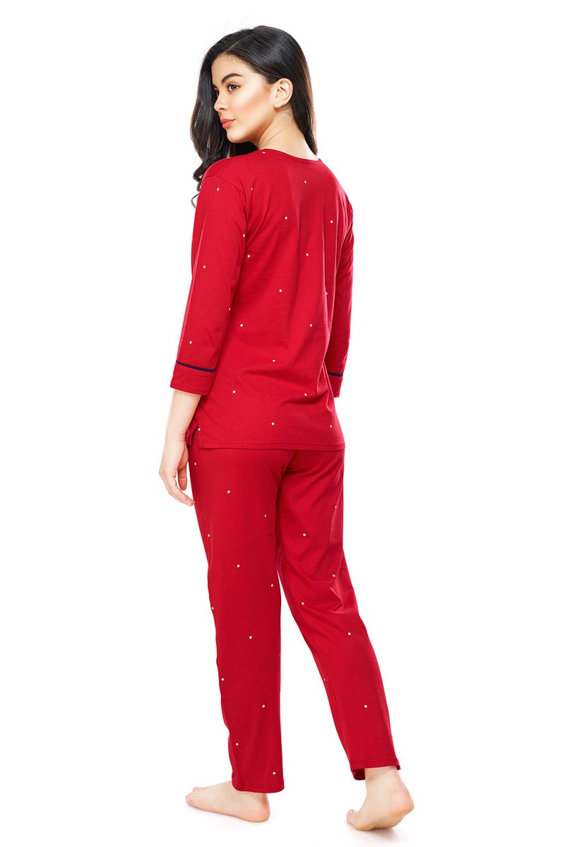 ZEYO Women's Cotton Dot Printed Red Night Suit Set of Top & Pyjama 5281, X-Large - Image 3