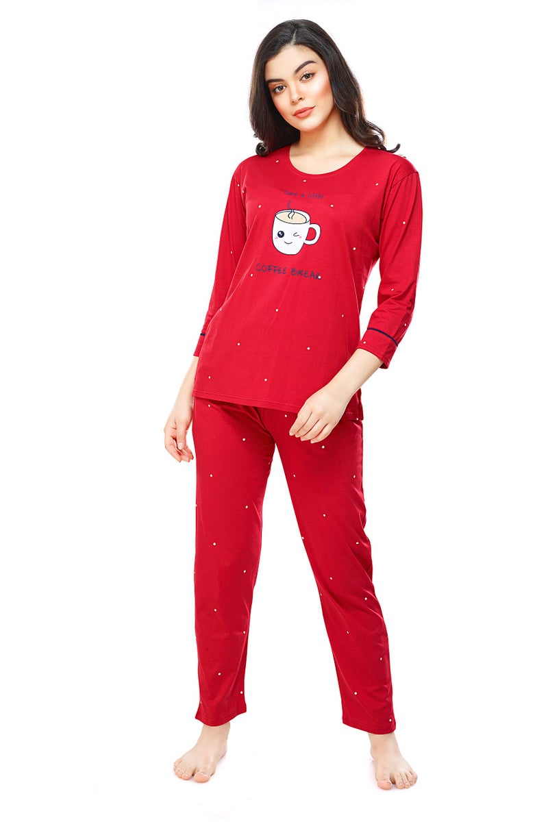 ZEYO Women's Cotton Dot Printed Red Night Suit Set of Top & Pyjama 5281, X-Large - Image 1