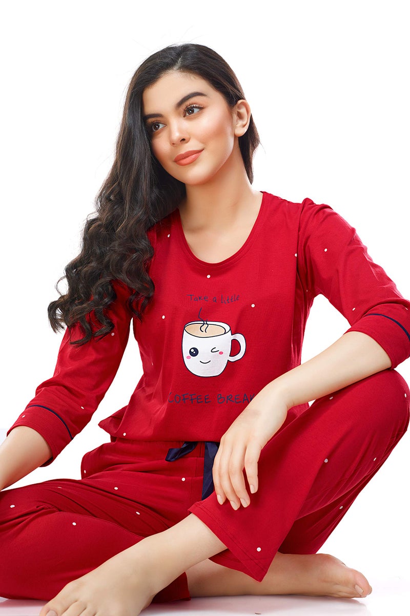 ZEYO Women's Cotton Dot Printed Red Night Suit Set of Top & Pyjama 5281, X-Large - Image 5