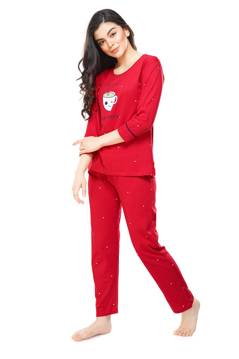 ZEYO Women's Cotton Dot Printed Red Night Suit Set of Top & Pyjama 5281, X-Large - Image 4