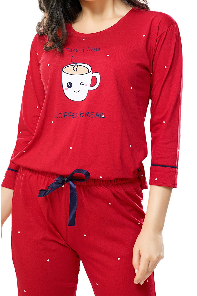 ZEYO Women's Cotton Dot Printed Red Night Suit Set of Top & Pyjama 5281, X-Large - Image 2