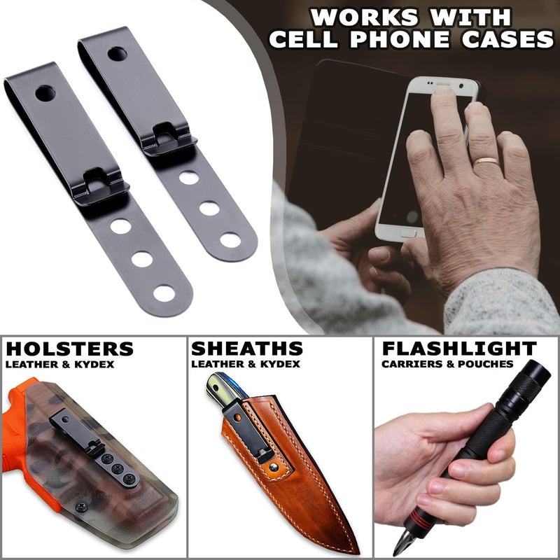 HolsterSmith [2 Pack] Universal Metal Belt Clip for Holster Making, Knife Sheaths, Cell Phone Cases - (3-Hole) - (Tactical Black) - USA - Image 2