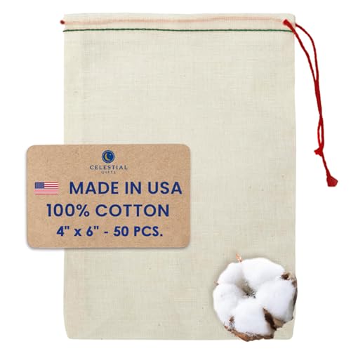 Celestial Gifts Muslin Bags - Drawstring Bags Small 50pcs - 4x6, Reusable Tea, Coffee, Jewelry, Gift, Spice and Sachet Bag - 100% Cotton - Made in USA - (Green Hem & Red Drawstring) - Image 1