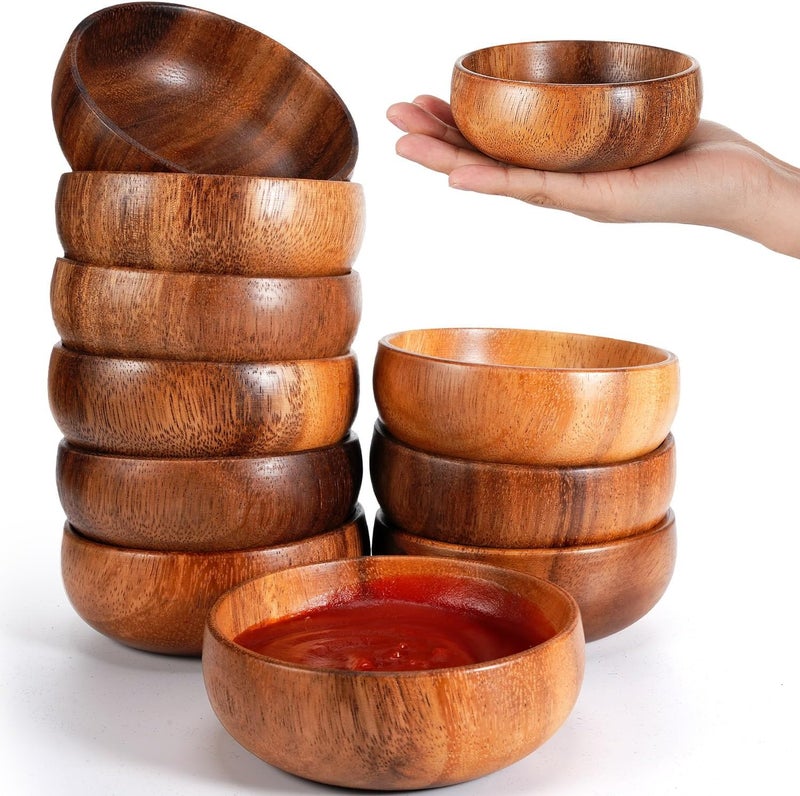 Skylety 10 Pcs Acacia Wooden Bowls Small Calabash Bowls Round Wood Salad Hand Carved Calabash Dip Tray for Serving Popcorn Pasta Candy Cereal Coconut Nuts Sauce Appetizers Kitchen (4 Inch) - Image 1
