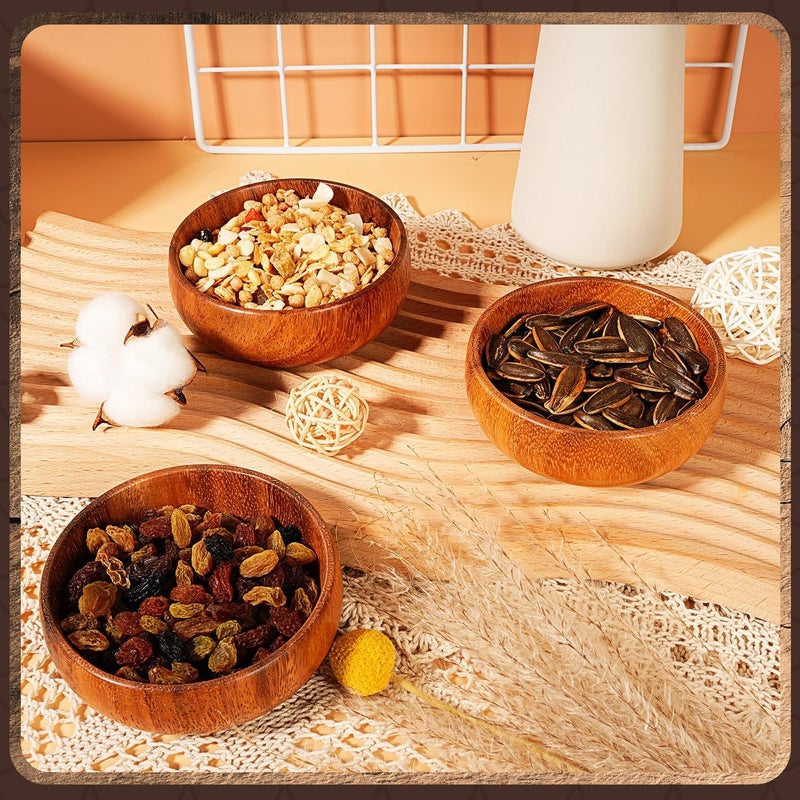 Skylety 10 Pcs Acacia Wooden Bowls Small Calabash Bowls Round Wood Salad Hand Carved Calabash Dip Tray for Serving Popcorn Pasta Candy Cereal Coconut Nuts Sauce Appetizers Kitchen (4 Inch) - Image 4