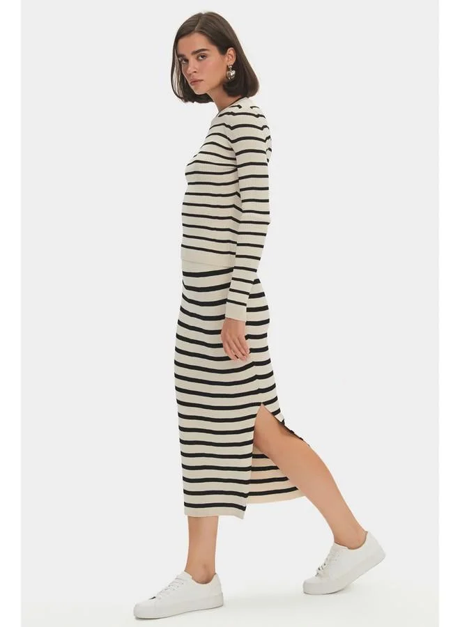 JUNE June Women Striped Crew Neck Knitwear Sweater Skirt Set Beige