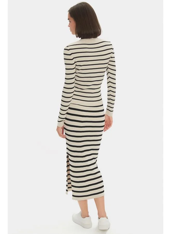 JUNE June Women Striped Crew Neck Knitwear Sweater Skirt Set Beige