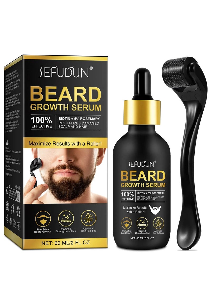 Sefudun 60ml Beard Growth Serum with Microneedle Roller Biotin + 5% Rosemary Beard Growth Oil with 0.25mm Micro Needle Roller Beard Growth Biotin Serum for Thicker Fuller Beard Growth Kit Beard Oil  - Image 1