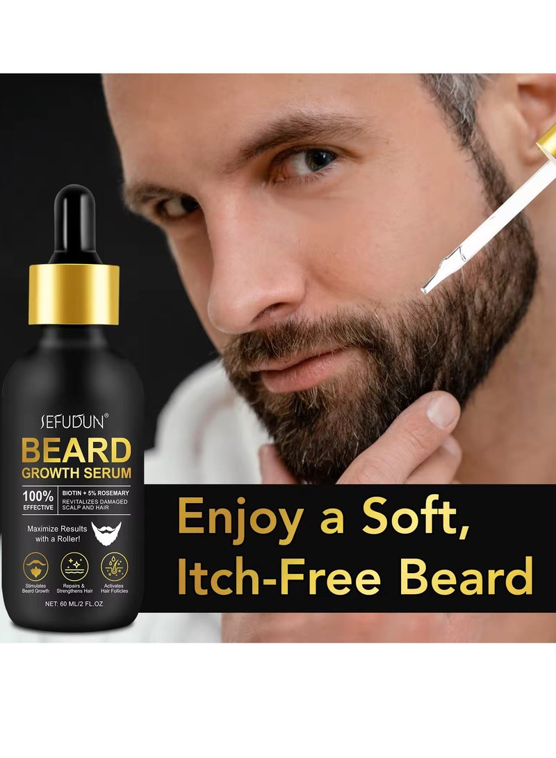 Sefudun 60ml Beard Growth Serum with Microneedle Roller Biotin + 5% Rosemary Beard Growth Oil with 0.25mm Micro Needle Roller Beard Growth Biotin Serum for Thicker Fuller Beard Growth Kit Beard Oil  - Image 2