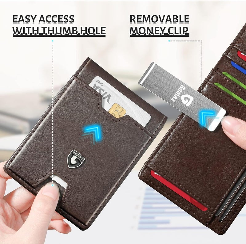 GSOIAX محفظة الرقيقة للرجال، مزودة بحماية ضد تقنية RFID، تصميم مزدوج الأجزاء، مصنوعة من جلد أصلي وألياف كربونية، تحتوي على 11 فتحة للبطاقات، باللون البني، رفيعة الوزن، مع صندوق هدايا. - Image 5