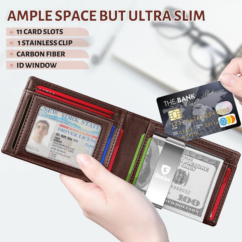 GSOIAX محفظة الرقيقة للرجال، مزودة بحماية ضد تقنية RFID، تصميم مزدوج الأجزاء، مصنوعة من جلد أصلي وألياف كربونية، تحتوي على 11 فتحة للبطاقات، باللون البني، رفيعة الوزن، مع صندوق هدايا. - Image 3