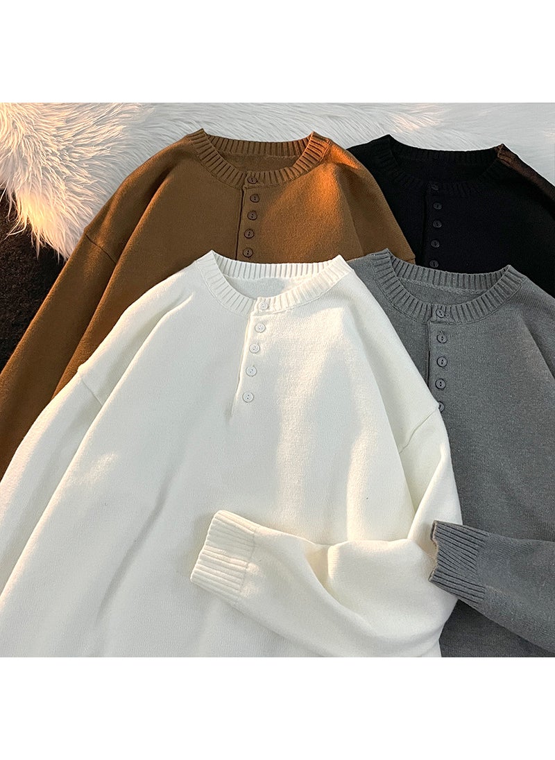 Generic - Mens Autumn/winter Solid Color Loose-fit Versatile Knitted Top Half-button Pullover Simple Warm Sweater Brown - Image 1