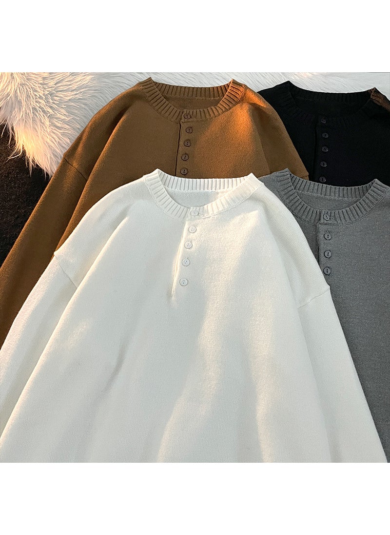 Generic - Mens Autumn/winter Solid Color Loose-fit Versatile Knitted Top Half-button Pullover Simple Warm Sweater Brown - Image 1