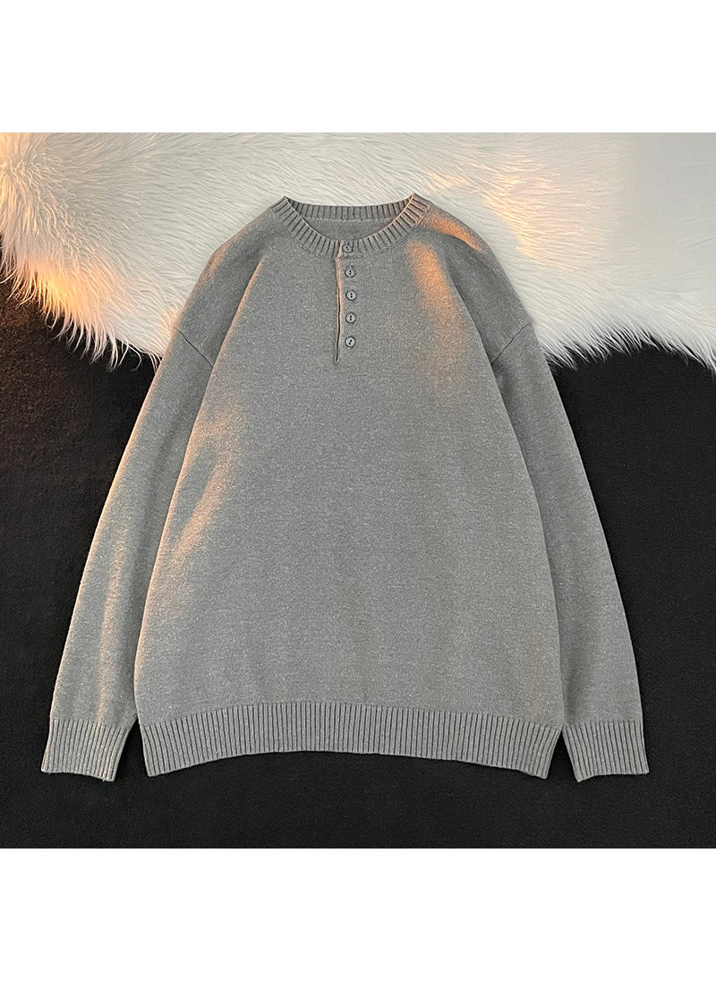 Generic - Mens Autumn/winter Solid Color Loose-fit Versatile Knitted Top Half-button Pullover Simple Warm Sweater Brown - Image 1