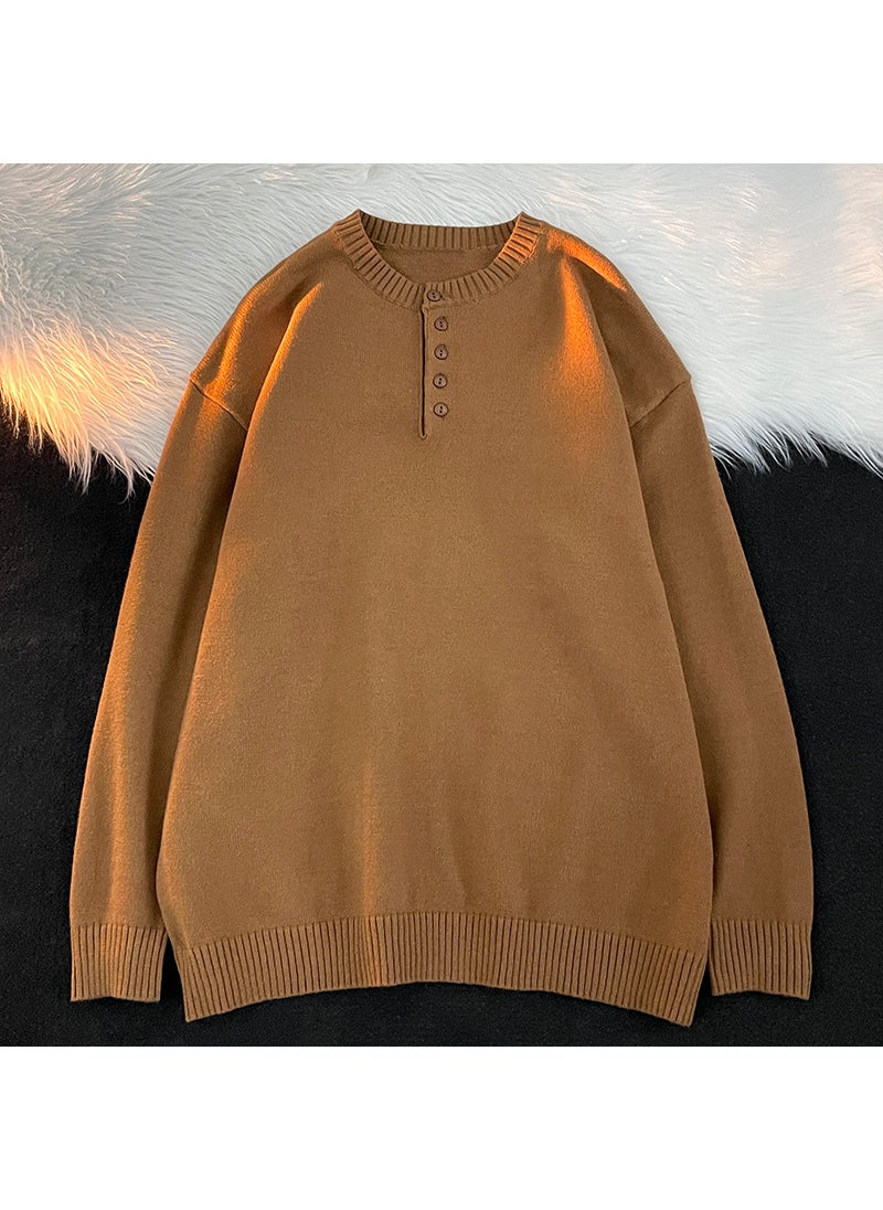 Generic - Mens Autumn/winter Solid Color Loose-fit Versatile Knitted Top Half-button Pullover Simple Warm Sweater Brown - Image 1
