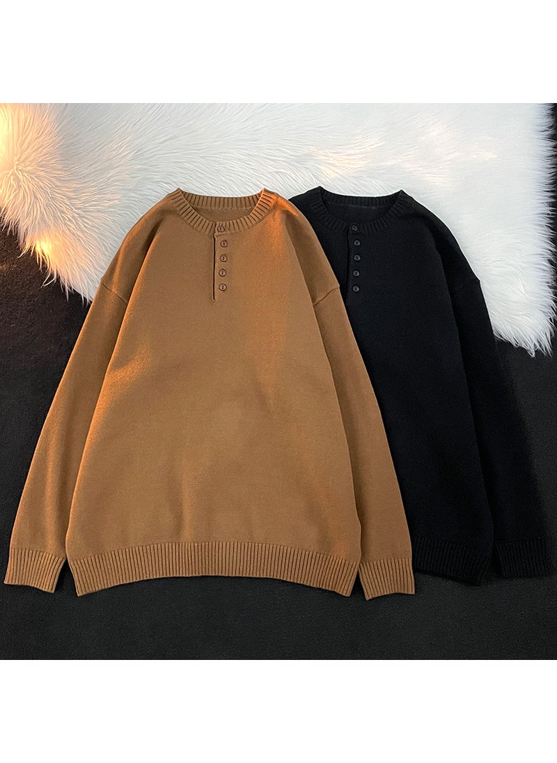 Generic - Mens Autumn/winter Solid Color Loose-fit Versatile Knitted Top Half-button Pullover Simple Warm Sweater Brown - Image 1