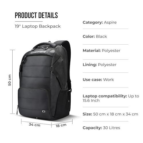 Gear Aspire 19”/30L Large Water Resistant Laptop Backpack | Casual Backpack | Daypack | Travel Backpack | College Bag For Men/Women (Black) - Image 2