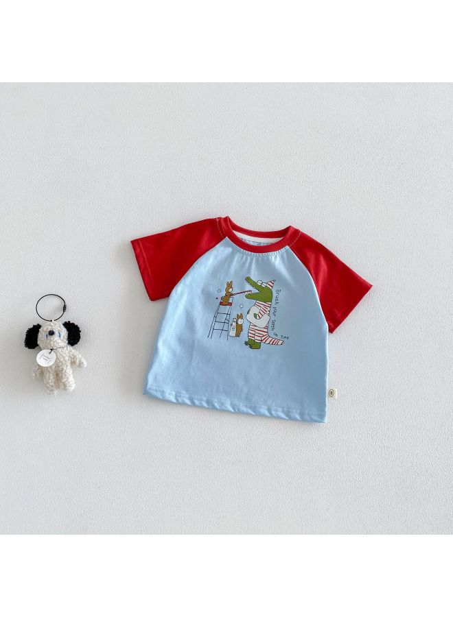 Baby Fashion Cartoon T-shirt 2026 New Summer Boys Color-blocking Raglan Sleeve Top Children Stylish Summer Thin Clothes