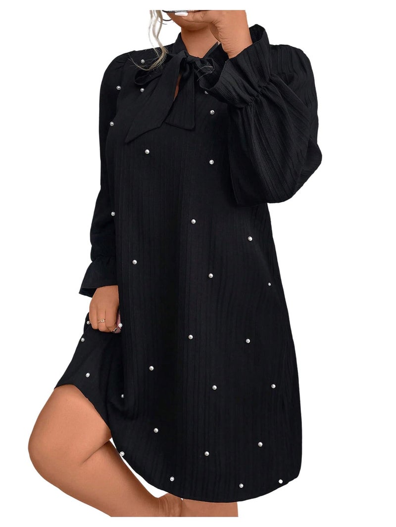 WDIRARA Women's Plus Size Pearl Beaded Tie Neck Long Sleeve Casual Work Short Dress Black 3X-Large Plus - Image 1