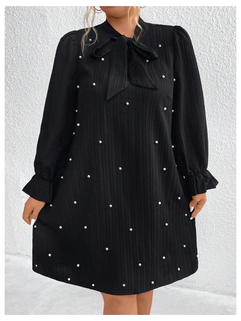 WDIRARA Women's Plus Size Pearl Beaded Tie Neck Long Sleeve Casual Work Short Dress Black 3X-Large Plus - Image 4