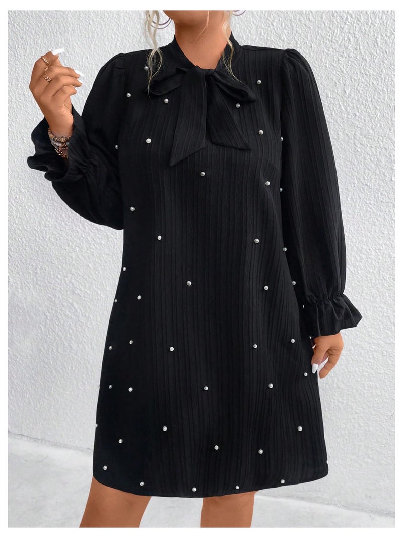 WDIRARA Women's Plus Size Pearl Beaded Tie Neck Long Sleeve Casual Work Short Dress Black 3X-Large Plus - Image 3