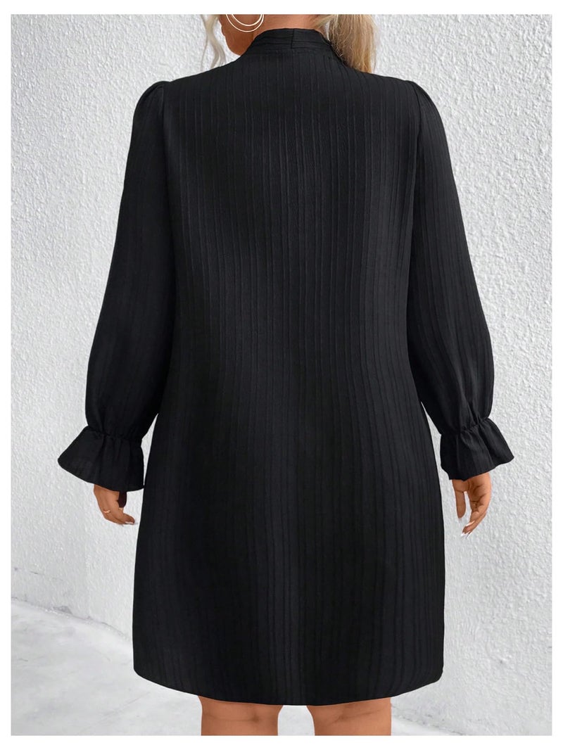 WDIRARA Women's Plus Size Pearl Beaded Tie Neck Long Sleeve Casual Work Short Dress Black 3X-Large Plus - Image 2