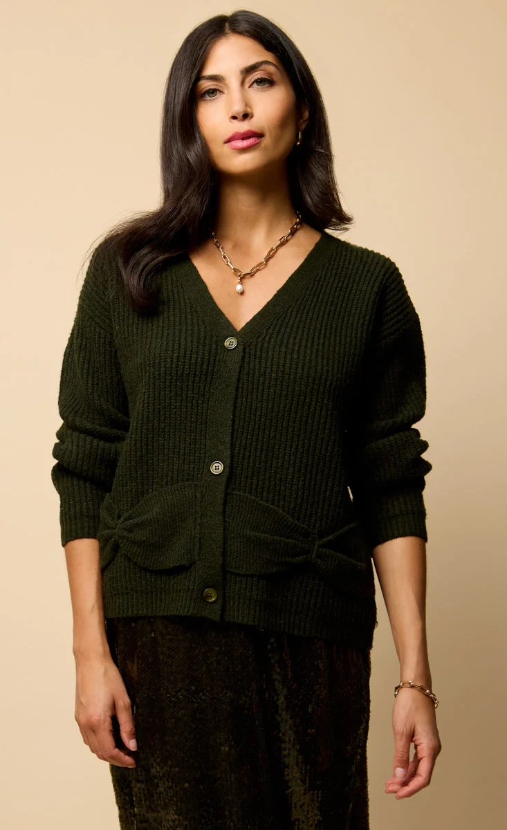 Little Mistress Khaki Bow Pocket Detail Cardigan