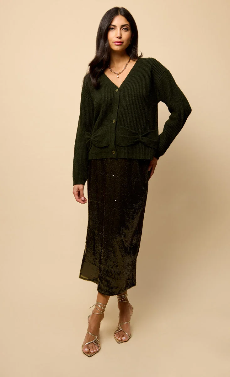 Khaki Bow Pocket Detail Cardigan
