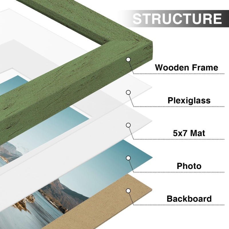 Vittanly 8X10 Picture Frames Set Of 9  Shatter Resistant Plexiglass  Display 5X7 Pictures With Mat Or 8X10 Without Mat  Photo Frames For Wall Or Tabletop  Engineered Wood  Rustic Green - Image 3