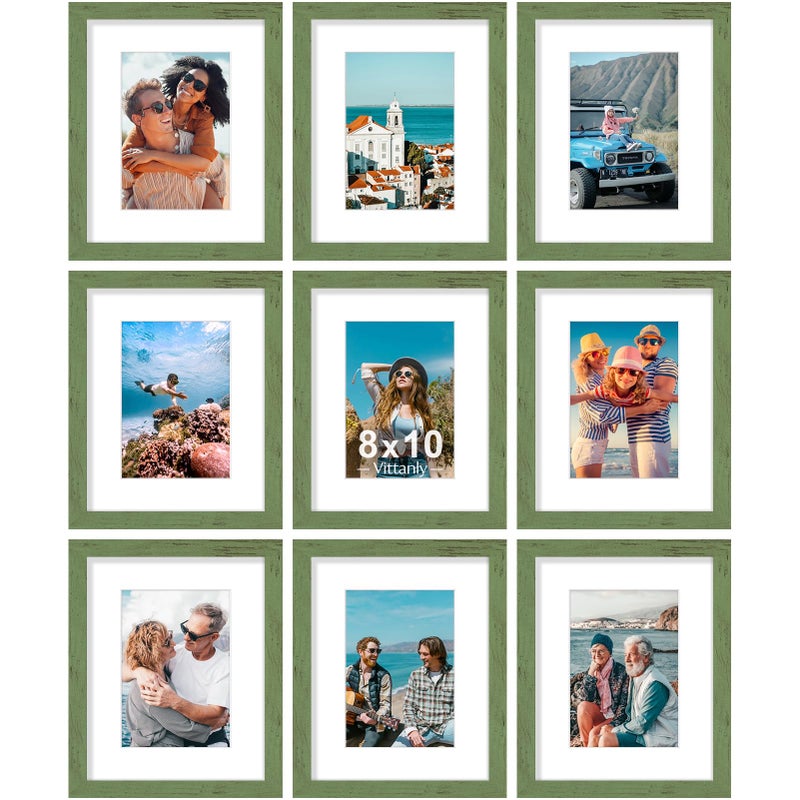 Vittanly 8X10 Picture Frames Set Of 9  Shatter Resistant Plexiglass  Display 5X7 Pictures With Mat Or 8X10 Without Mat  Photo Frames For Wall Or Tabletop  Engineered Wood  Rustic Green - Image 1