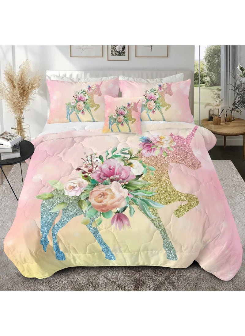 Sleepwish Sleepwish Glittery Unicorn Comforter Set Queen Size Soft 4 Pieces Pink Flowers Unicorn Bed Set for Kids Girls (1 Comforter  2 Pillow Shams  1 Cushion Cover)  - Image 1