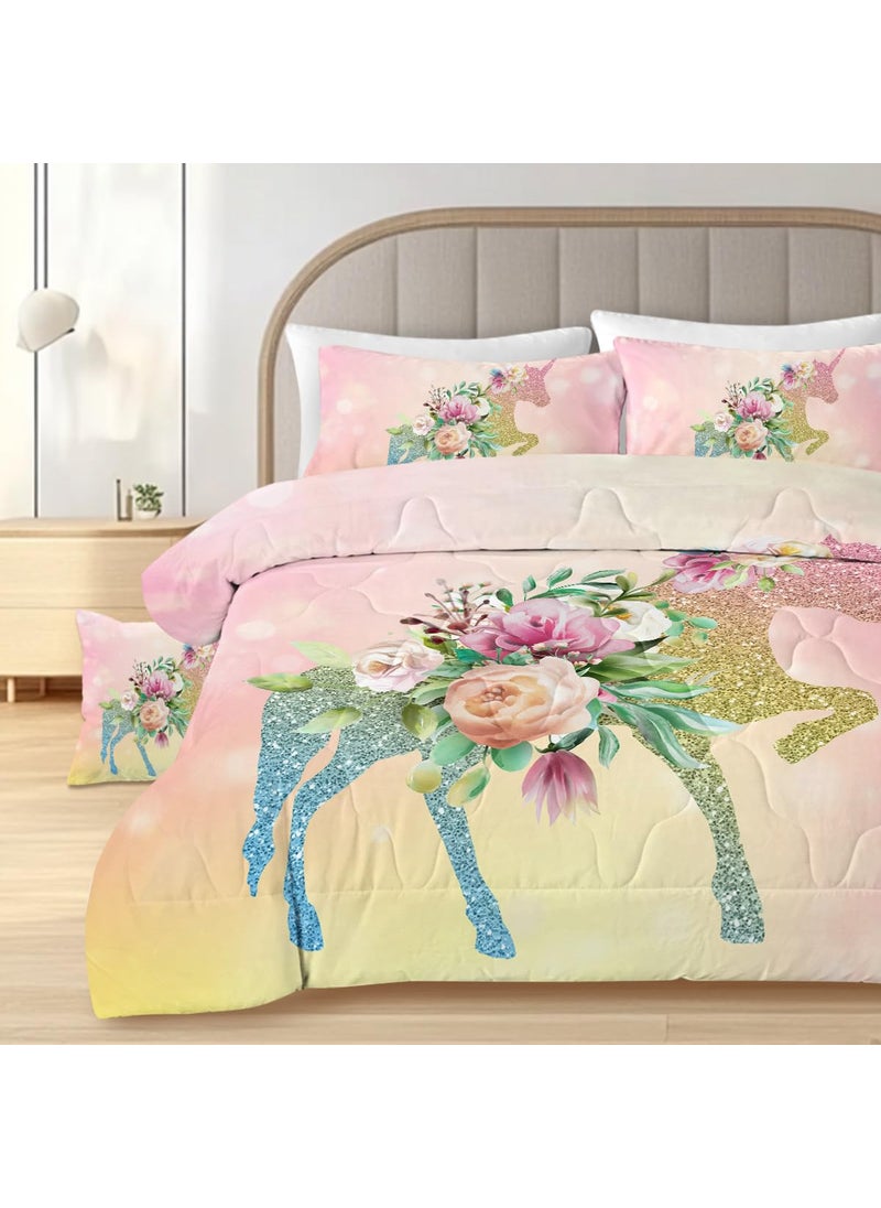 Sleepwish Sleepwish Glittery Unicorn Comforter Set Queen Size Soft 4 Pieces Pink Flowers Unicorn Bed Set for Kids Girls (1 Comforter  2 Pillow Shams  1 Cushion Cover)  - Image 3