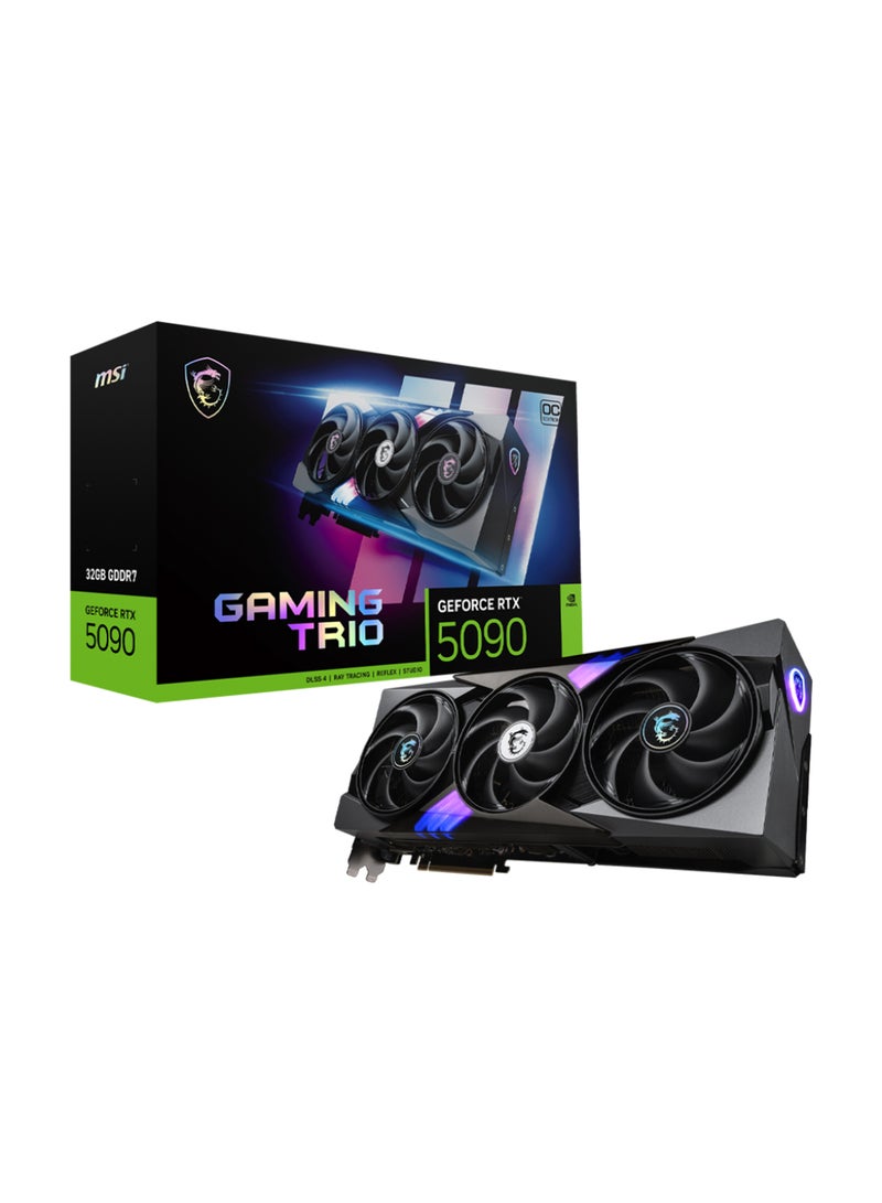 إم اس أي جي فورس RTX™ 5090 32G جيمينغ تريو - G5090-32GT, NVIDIA® RTX™ 5090, PCIe الجيل 5, 2422 ميغاهرتز/2407 ميغاهرتز, 21760 نواة CUDA, 32 جيجابايت GDDR7 (28 جيجابت في الثانية, 512-بت), DP x 3 (v2.1b), HDMI™ x 1 (4K 480Hz/8K 120Hz), 575 واط, 16-دبوس, 1000 واط PSU, 359 x 149 x 70 مم, 2119 غرام, DX12 Ultimate, OpenGL 4.6, 4 شاشات, G-SYNC®, أقصى دقة: 7680 x 4320 أسود - Image 1