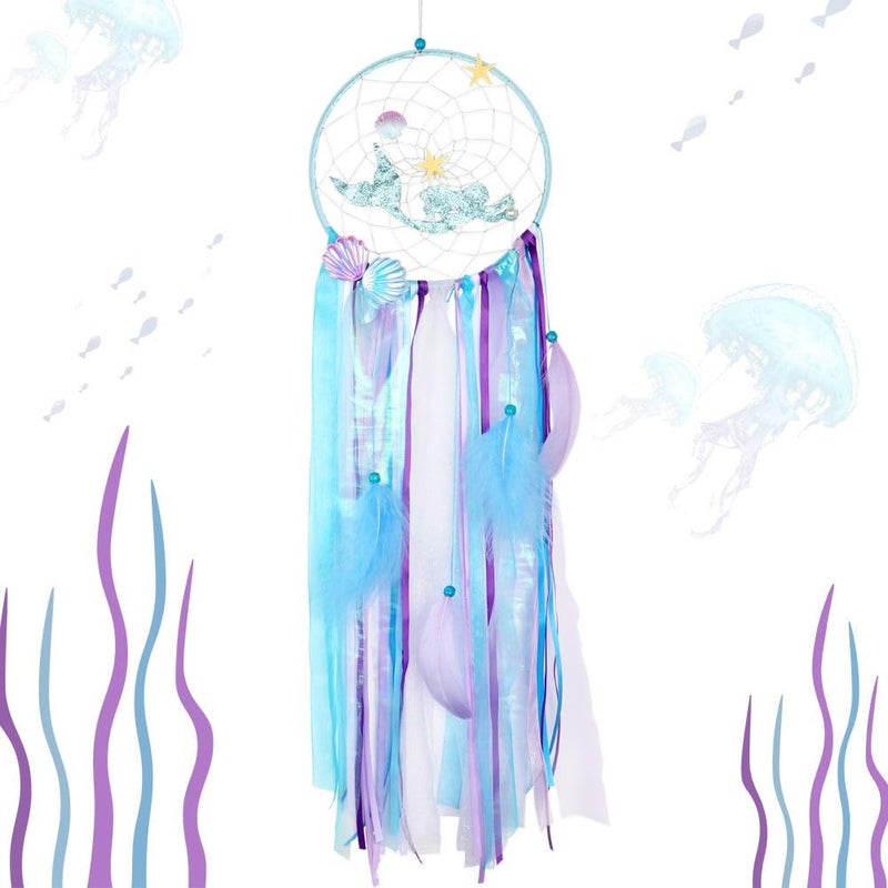 OurWarm Mermaid Dream Catcher for Girls Room Wall Decor Big Handmade Blue Dreamcatcher with Colorful Feathers for Kids Bedroom Hanging Decor Under The Sea Mermaid Birthday Baby Shower Party Supplies