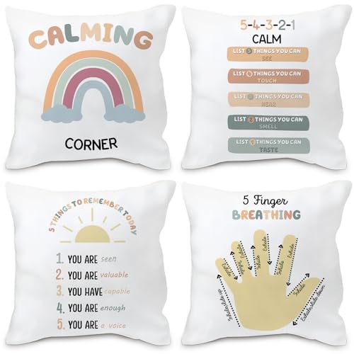 Nvotell Calming Corner Decorative Pillow Covers Set of 4 Boho Throw Pillow Covers 18x18 Rainbow Calm Down Corner Supplies Classroom Must Haves Cozy Reading Corner Pillowcase - Image 1