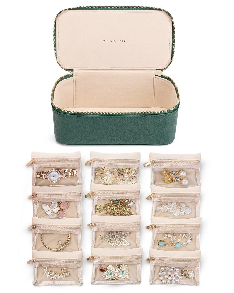 VLANDO Jewelry Travel CaseTravel Jewelry Organizer with Clear Velvet Jewelry Bags 12Pcs Zipper Pouch for Women Girl GiftGreen - Image 2