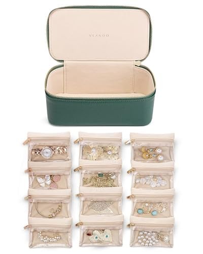 VLANDO Jewelry Travel CaseTravel Jewelry Organizer with Clear Velvet Jewelry Bags 12Pcs Zipper Pouch for Women Girl GiftGreen - Image 1