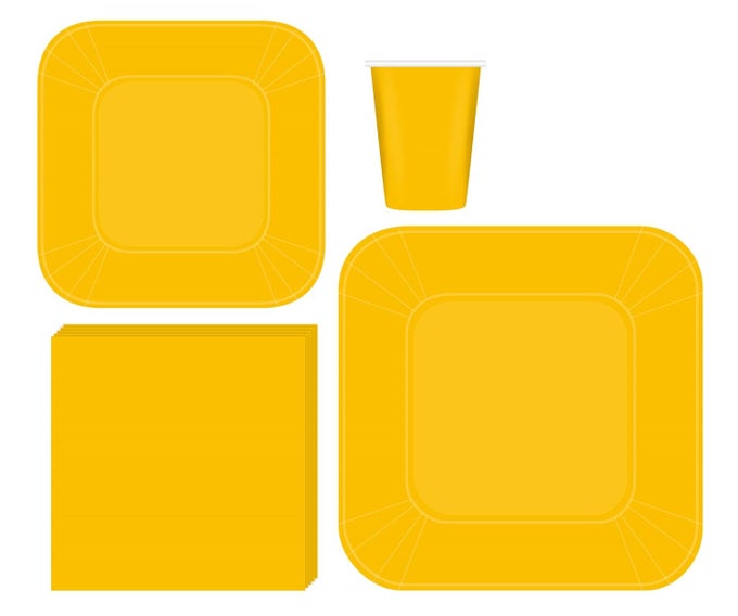 COMPLETE SQUARE PARTY PACK YELLOW SOLID DISPOSABLE PAPER PLATES 9 INCH DINNER 7 INCH DESSERT PLATES 9 OZ CUPS 3 PLY NAPKINS PERFECT FOR BABY SHOWER OFFICE BIRTHDAY PARTIES SERVES 50