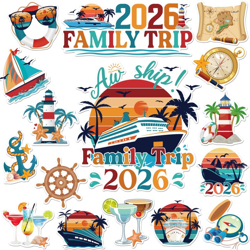 Dazoratix Retro Cruise Door Decorations - 20 Pcs Family Trip 2026 Ship Magnetic Stickers Funny Cabin Anchor Stateroom Magnets Decals for Carnival Party Holiday Decor Refrigerator Garage Cars Supplies - Image 1