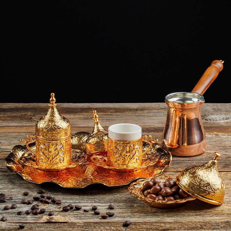 DEMMEX Turkish Greek Arabic Coffee Making and Serving Full Set with Cups Saucers Lids Sugar Bowl Tray and Copper Coffee Pot, Hand Decorated with Gold Crystals, 12 Pcs (Gold) - Image 2