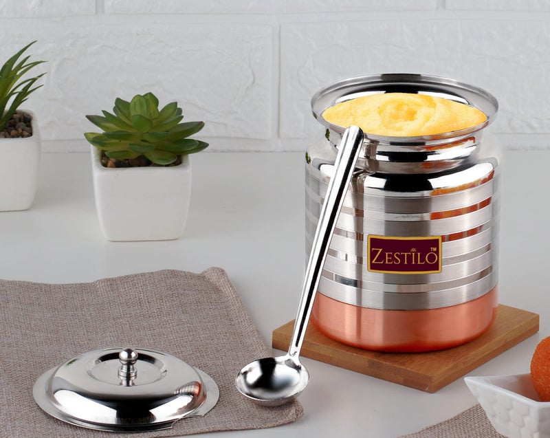 ZESTILO Stainless Steel Oil/Ghee Jar Ghee Container Oil Pot Ghee Container with Spoon Copper Bottom Finish (1100 ml) - Image 1