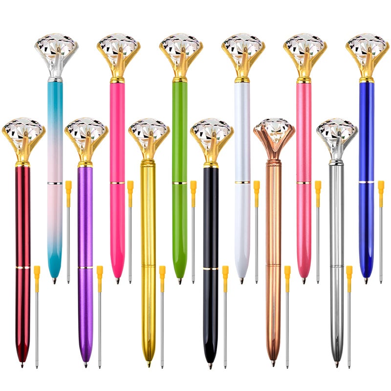 Coopay 12 Pieces Big Crystal Diamond Pens Colorful Metal Ballpoint Pens and 12 Pieces Refills in Black Ink for School Office - Image 1