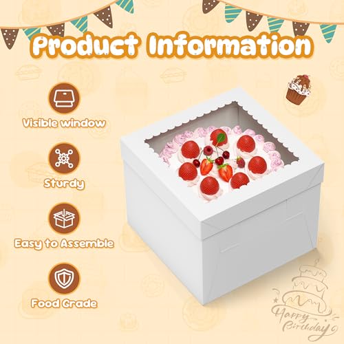RYDDOY 3 Pack Cake Boxes, 10x10x8 Inches Tall Cakes Box with Window, White Cake Boxes with Cakes Boards, Square Bakery Box, for Cake, Treat Cookie Dessert, Pastry, Birthday Party, Mother's Day, Weddings - Image 2