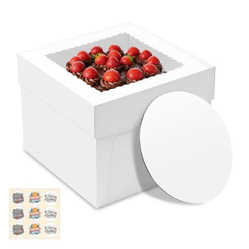 RYDDOY 3 Pack Cake Boxes, 10x10x8 Inches Tall Cakes Box with Window, White Cake Boxes with Cakes Boards, Square Bakery Box, for Cake, Treat Cookie Dessert, Pastry, Birthday Party, Mother's Day, Weddings - Image 1