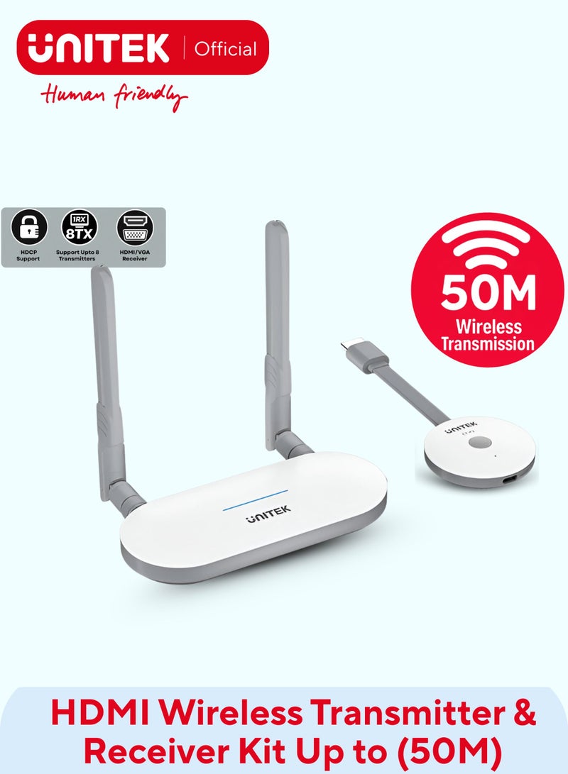 UNITEK جهاز إرسال واستقبال HDMI لاسلكي، مجموعة HDMI لاسلكية تصل إلى 50 متر، تعمل مع نظام أندرويد/ نظام ويندوز/ نظام iOS/ نظام ماك، أجهزة الكمبيوتر المحمولة/ صناديق التلفاز/ أجهزة HDMI الأخرى. - Image 1