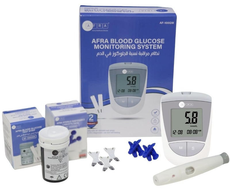 AFRA Blood Glucose Monitoring Combo Kit | 50 Blood Glucose Test Strips (100GMS) + 50 Sterile Disposable Lancets (AF-1000SDL) + Glucose Meter (AF-100GM) – Accurate, Safe & Easy Blood Sugar Testing - Image 1