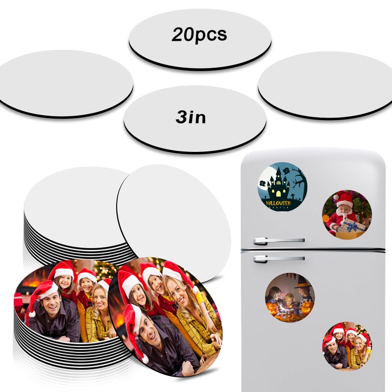 ICOSHOW Sublimation Magnet Blanks 3x3 inch Sublimation Blank Products 20Pcs Personalized Sublimation Fridge Refrigerator Magnets for Home Kitchen Office Decorative Round