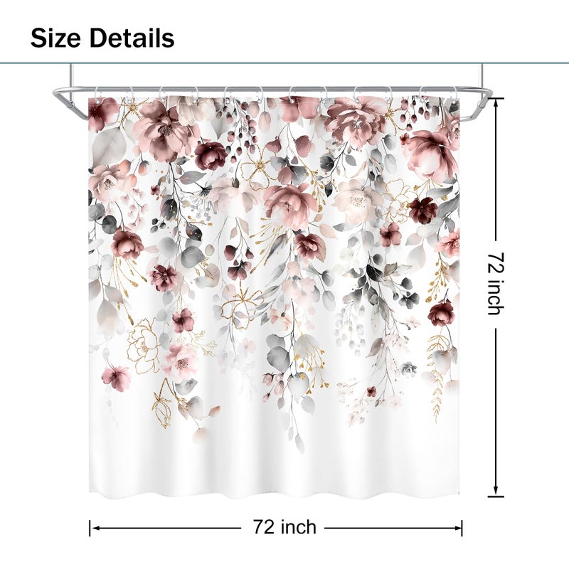 Ufeela Floral Flower Shower Curtain 72Wx72L Inch Grey Pink Floral Blossom Leaves Girls Watercolor Eucalyptus Botanical Wildflower Plant Bathroom Set Rustic Bath Curtain Bathtub Accessories Home Decor - Image 5