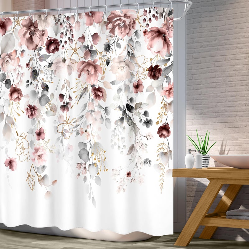 Ufeela Floral Flower Shower Curtain 72Wx72L Inch Grey Pink Floral Blossom Leaves Girls Watercolor Eucalyptus Botanical Wildflower Plant Bathroom Set Rustic Bath Curtain Bathtub Accessories Home Decor - Image 3